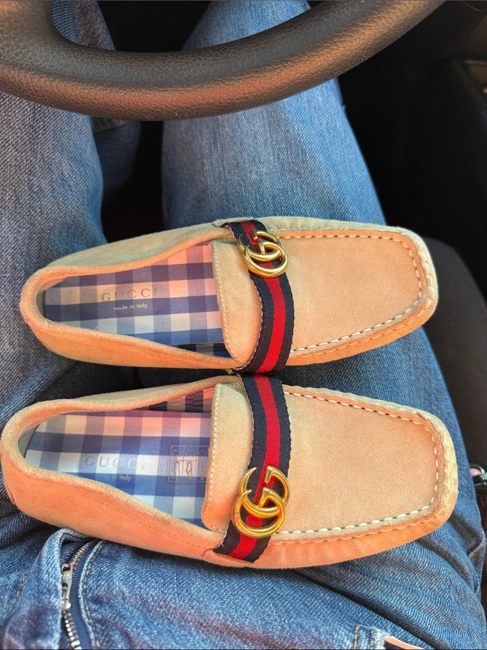 Gucci Beige Suede Loafers with Red & Blue Web and Gold Hardware
